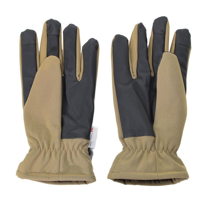 Pair of Mil-Tec softshell winter gloves with black anti-slip palm and coyote-colored insulated back lining.