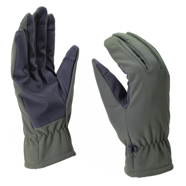 Olive green Mil-Tec softshell gloves with Thinsulate lining, reinforced palms, and anti-slip grip for winter use.