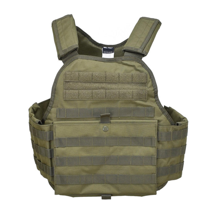 Olijfkleurig MIL-TEC militair tactisch vest met plaatdrager en MOLLE-systeem voor het dragen van ballistische platen en uitrustingsstukken