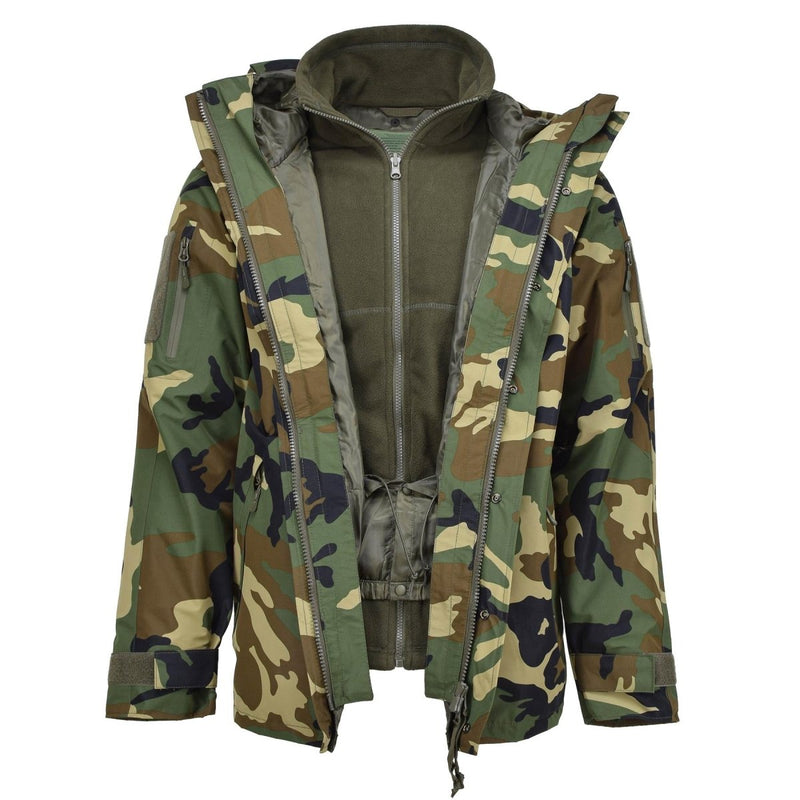 MIL-TEC woodland camo soft shell parka with removable fleece liner, waterproof and breathable winter jacket for outdoor use