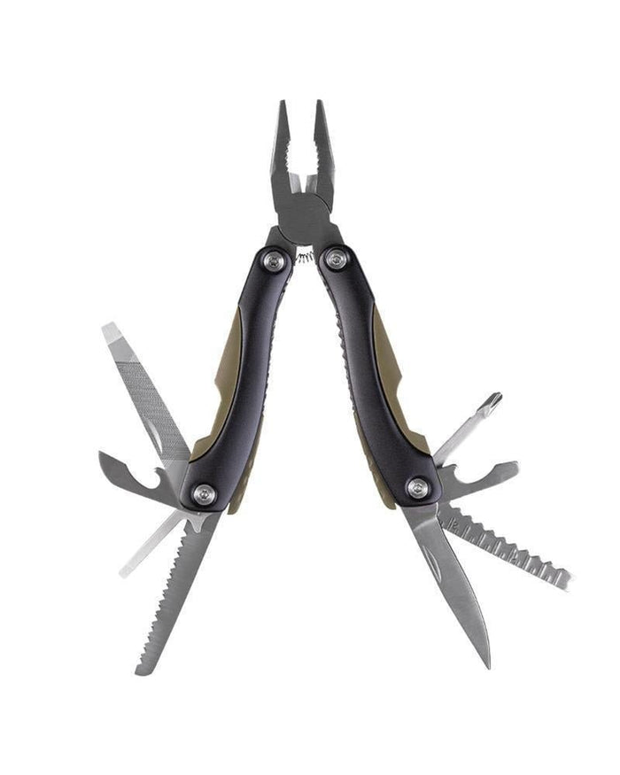 MIL-TEC multi tool with slip joint, one-hand folding, ABS aluminum handles, and multiple fold-out tools in black and olive color