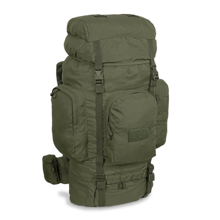 Grote MIL-TEC RECOM olijfkleurige wandelrugzak met meerdere compartimenten, gewatteerde riemen en duurzaam tactisch ontwerp voor trekking.