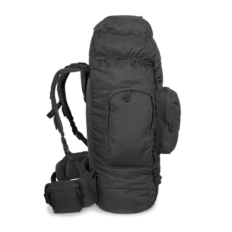 Large black MIL-TEC RECOM tactical backpack with multiple pockets, padded straps, and support belt for hiking and outdoor use