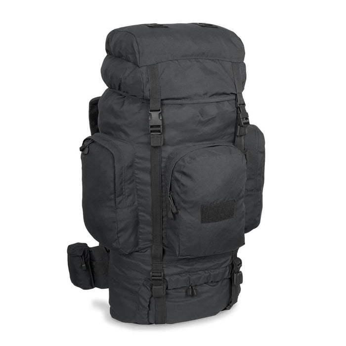 Zwarte MIL-TEC RECOM tactische rugzak met meerdere compartimenten, gewatteerde riemen, ideaal voor wandelen, trekking en buitengebruik.