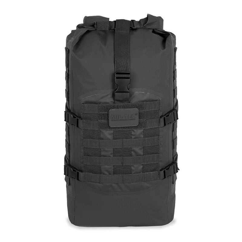 Black MIL-TEC SEALS 35L waterproof tactical roll-top backpack with buckle closures and MOLLE webbing panel.