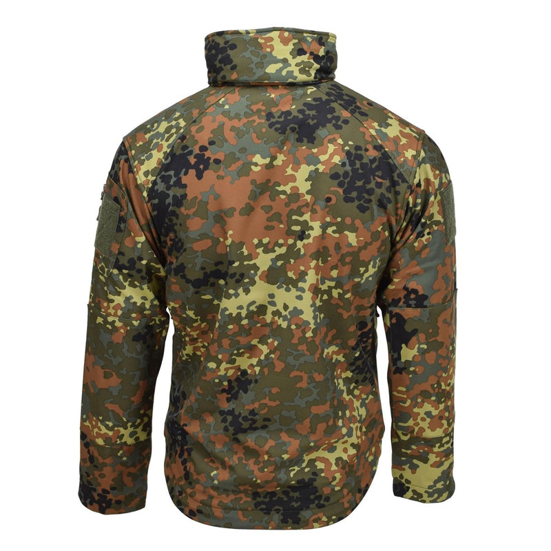 Back view of MIL-TEC Flecktarn softshell jacket with German flecktran camouflage pattern for outdoor use