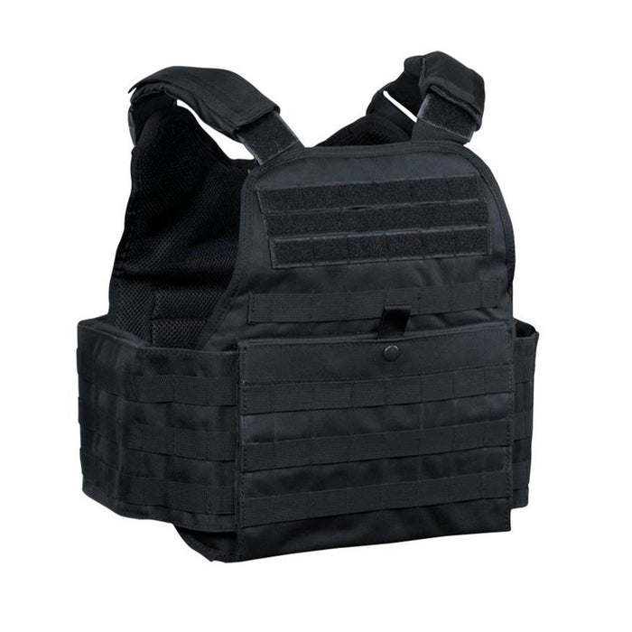 Zwart MIL-TEC tactisch plaatdragervest met verstelbare bandjes en MOLLE-band voor gebruik door militairen of wetshandhavers.