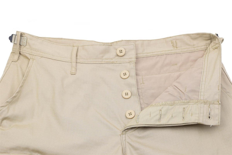 Khaki Mil-Tec US Army style field pants with button fly and adjustable waist for a durable military look.