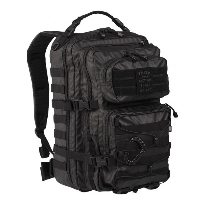 Zwarte MIL-TEC US Assault Ranger tactische rugzak met meerdere compartimenten en gewatteerde riemen, inhoud van 36 liter, PVC-gecoat.
