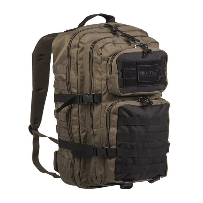 Olijfkleurige en zwarte MIL-TEC US Assault Ranger 36L-rugzak met gevoerde riemen, duurzaam waterbestendig ontwerp voor gebruik buitenshuis