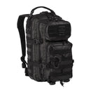 Black MIL-TEC U.S. Assault tactical backpack 20L with multiple compartments and adjustable padded straps for hiking and camping.