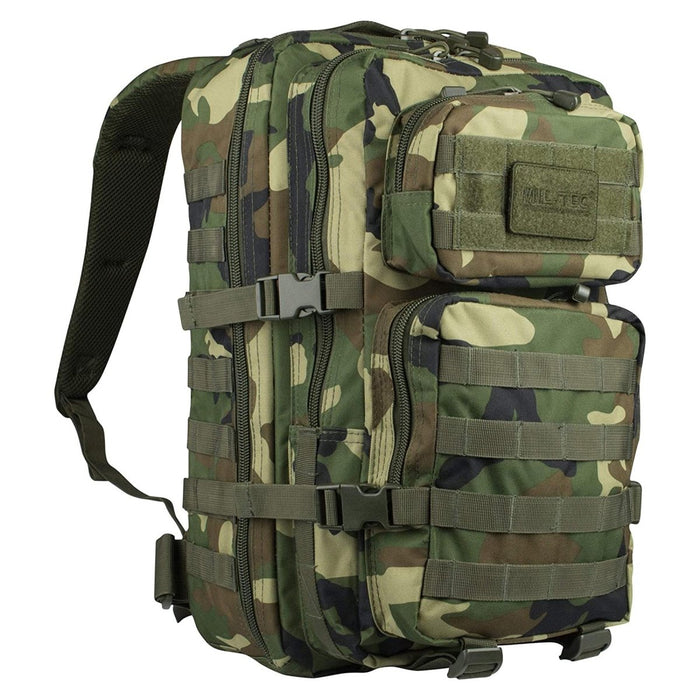 MIL-TEC US Assault 36L rugzak in boscamo met meerdere compartimenten en verstelbare bandjes voor wandelen en tactisch gebruik