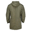 Back view of MIL-TEC U.S. military style M51 hooded parka in olive with quilted detachable liner.