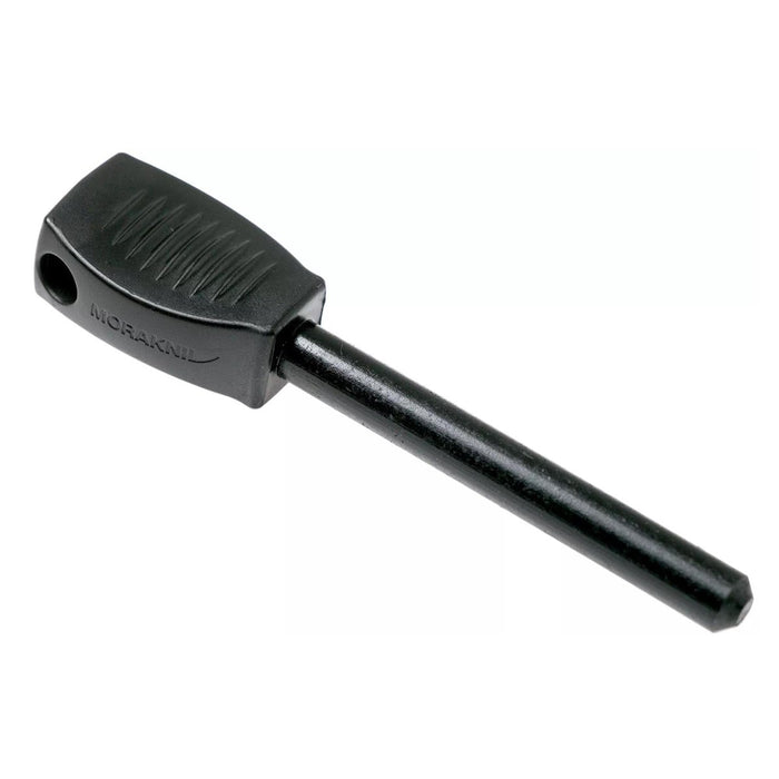 MORAKNIV lichtgewicht stalen vuurstarter in zwart met getextureerd handvat voor gemakkelijke grip, ideaal voor kamperen en buitengebruik.
