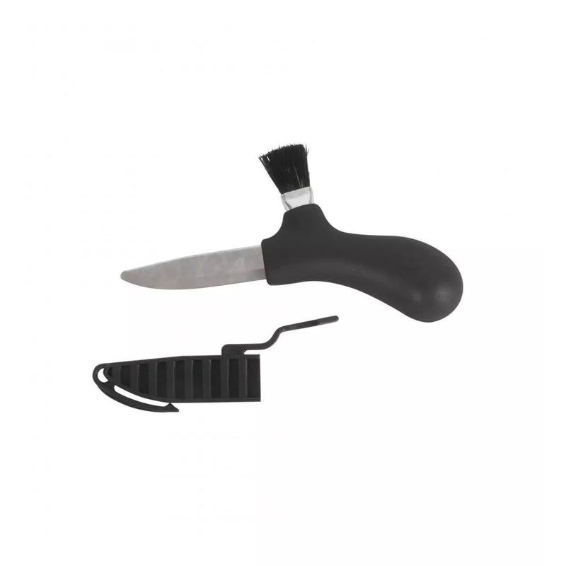 MORAKNIV mushroom picking knife with recycled stainless steel blade, black ergonomic handle, brush, and protective sheath.