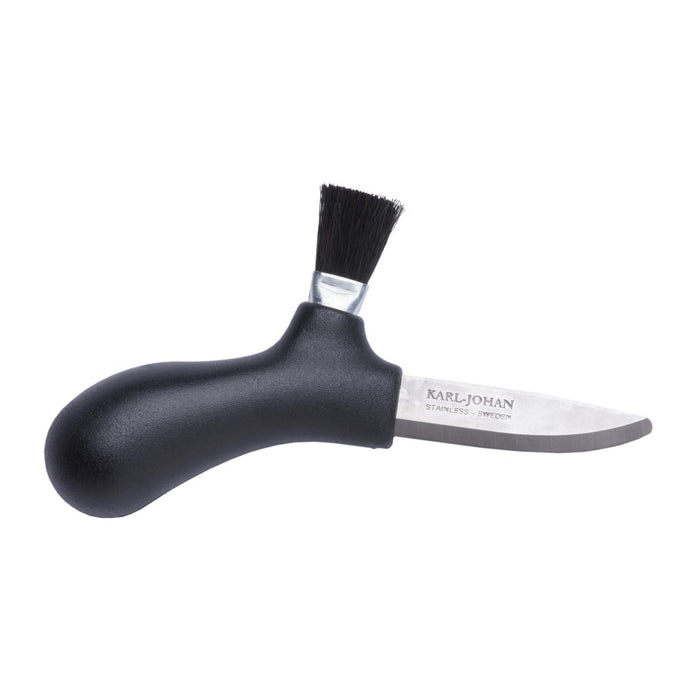 MORAKNIV paddenstoelenplukmes met zwart ergonomisch handvat, gerecycled roestvrijstalen lemmet en bevestigde schoonmaakborstel.