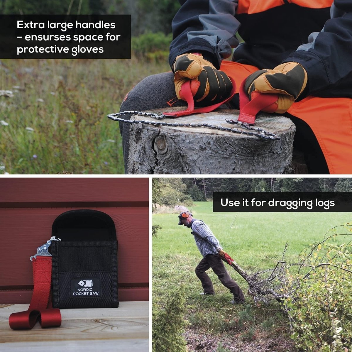 Noordse zak zag compact draagbare draagbare noodcamping handketenszaag rode handgrepen