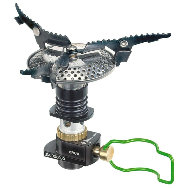Compact foldable lightweight Crux camping stove with adjustable flame control for efficient outdoor cooking.
