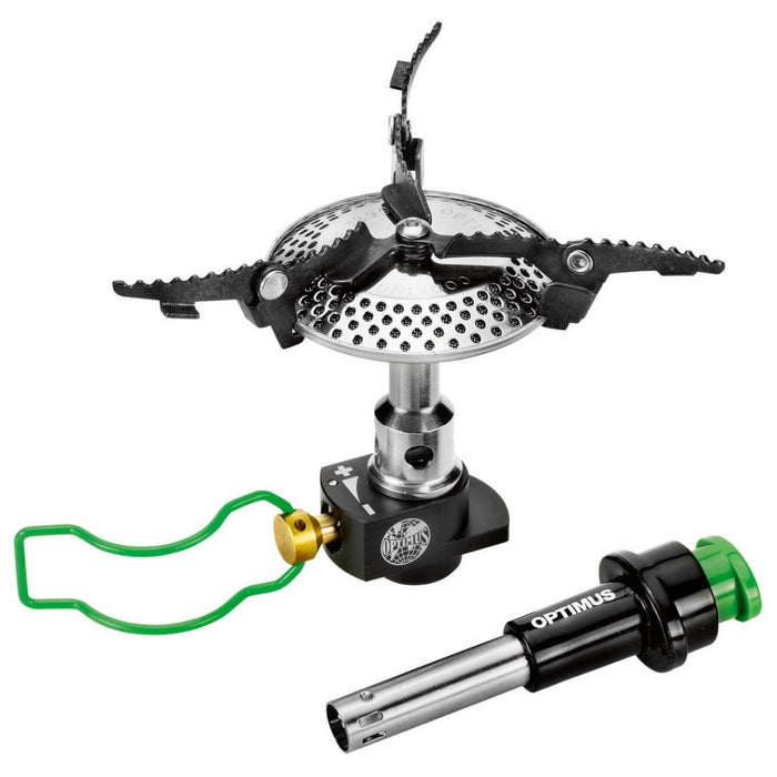Optimus Crux Lite compacte kampeerkachel met opvouwbare armen en piëzo-ontsteking voor lichtgewicht backpacken koken.