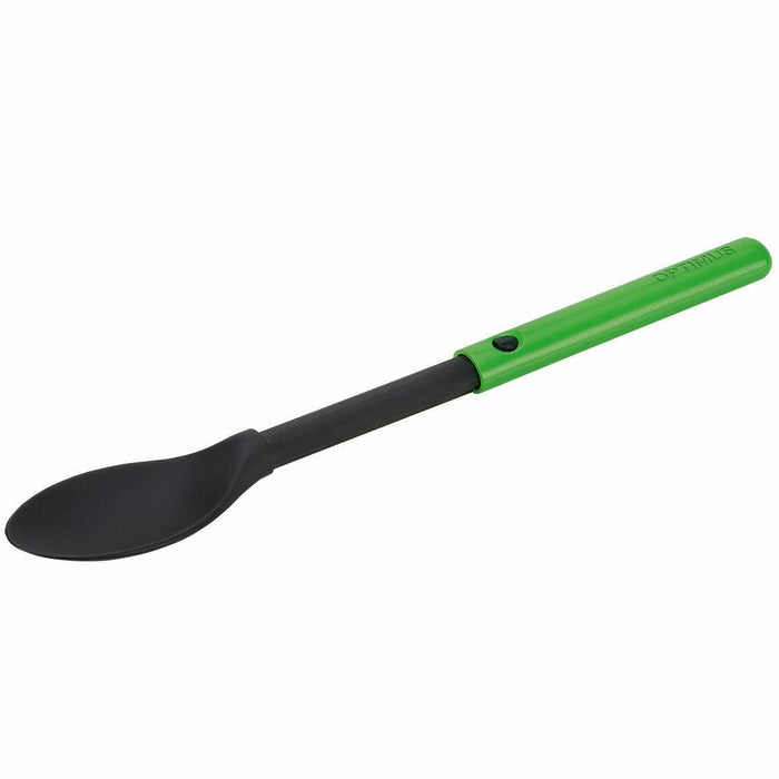 Optimus uitschuifbare campinglepel met groen handvat, lichtgewicht titaniumlegering voor wandel- en backpackmaaltijden.