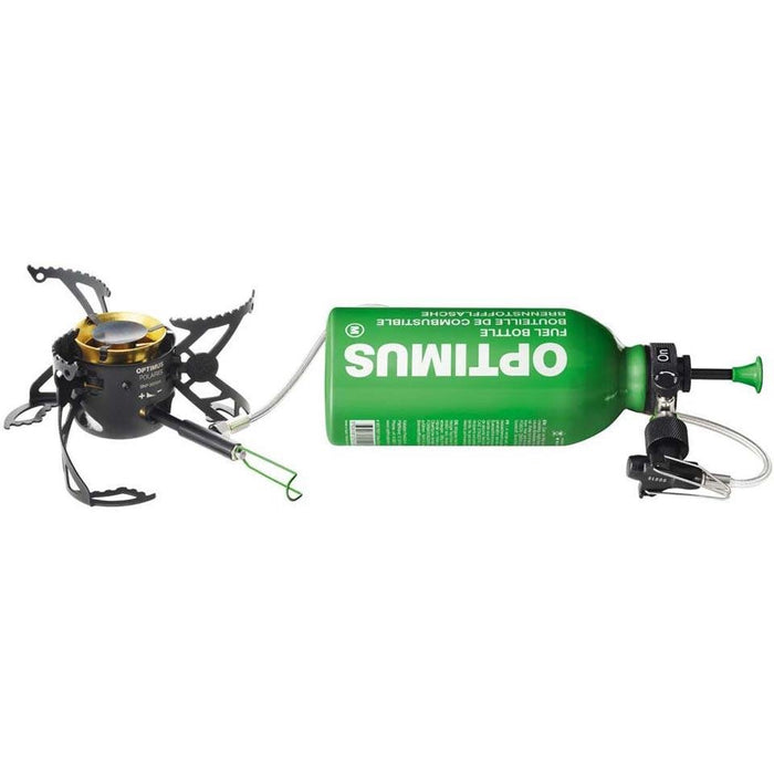 Optimus Polaris opvouwbare kampeerkachel met 0,4L groene brandstoffles voor wandelen en buiten koken.