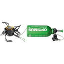 Optimus Polaris foldable camping stove with 0.4L green fuel bottle for hiking and outdoor cooking.