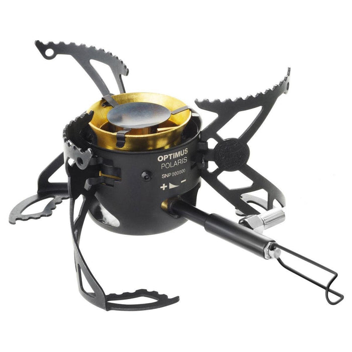 Optimus Polaris zwarte kampeerkachel met inklapbare poten, enkel mondstuk en verstelbare brandstofregeling voor buiten koken.