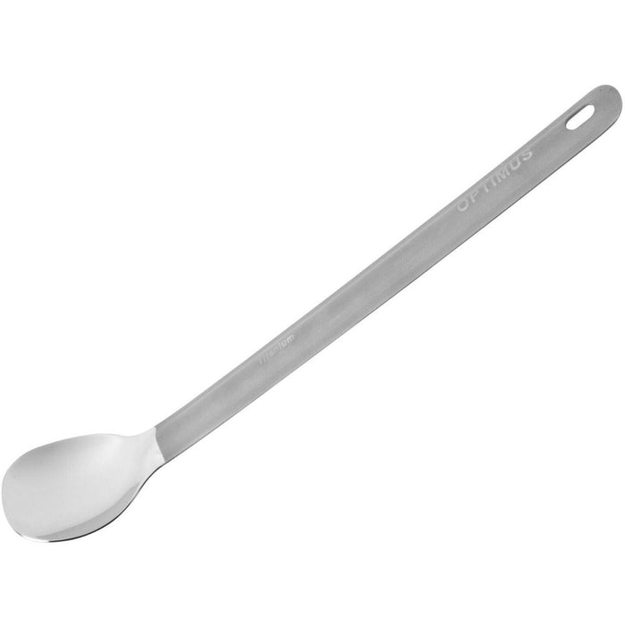 Ultralichte titanium lange lepel met verlengd handvat voor kamperen, backpacken en outdoor survivalmaaltijden.