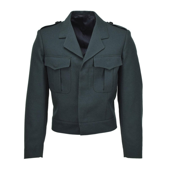 Origineel Belgisch legergroen wollen blousejasje met zakken met knoop en hoge taille, militaire surplusstijl.