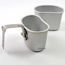 Original Belgian army aluminum canteen cup mug with handle, durable and lightweight for outdoor and military use.