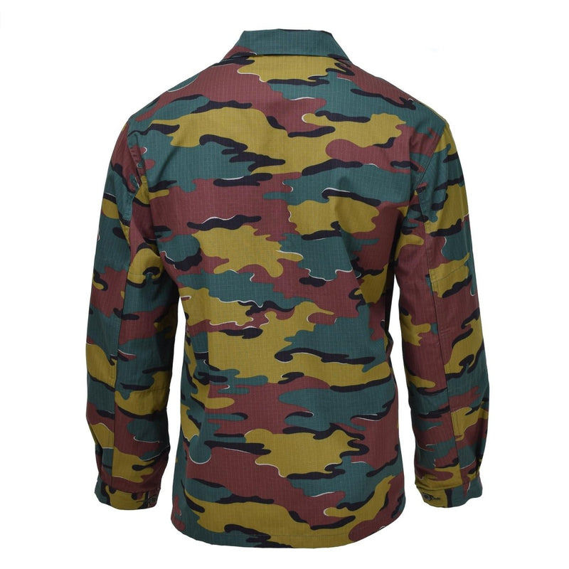 Back view of Original Belgian Army field combat shirt in jigsaw camouflage ripstop fabric, designed for durability and toughness.