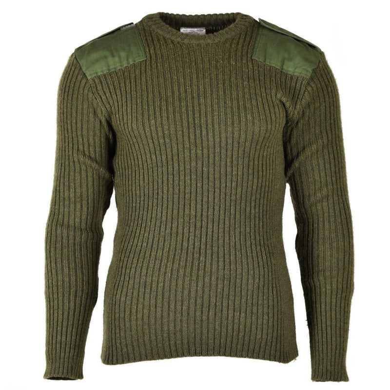 Original Belgian Army green olive wool commando jumper with reinforced shoulders, ribbed knit, and durable design.