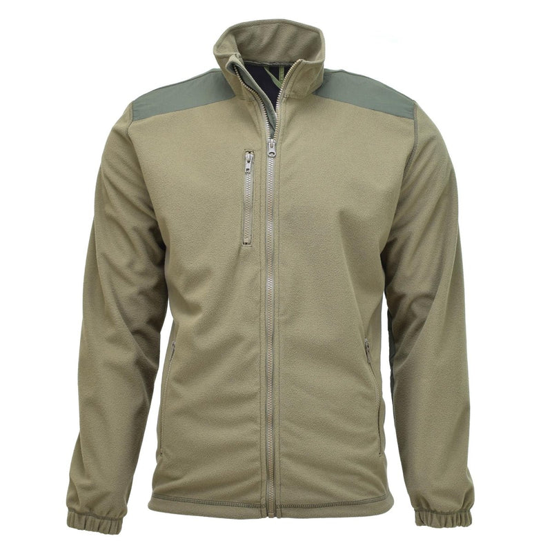 Olive green Belgian military fleece jacket with full zip, chest pocket, and wind-resistant softshell panels on shoulders.