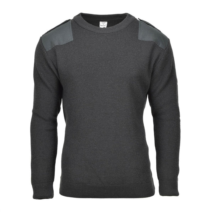 Donkergroene originele Belgische militaire wollen trui pullover met versterkte schouderstukken en ronde hals