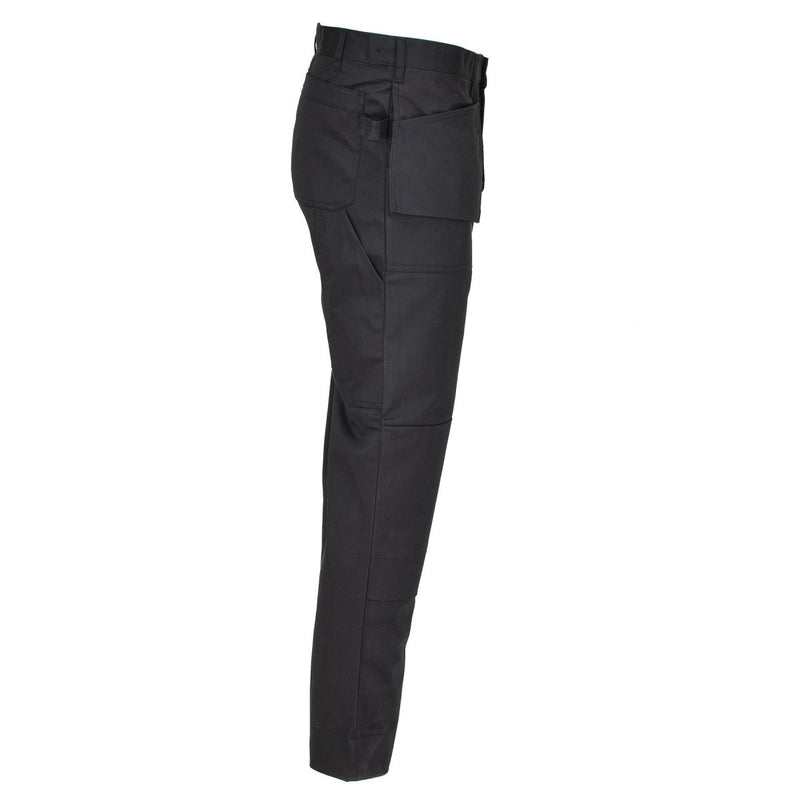 Black Belgian military cargo pants with reinforced knees and multiple pockets, designed for durability and comfort.