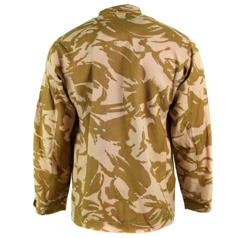 Back view of original British army desert camo flame resistant military combat jacket with buttoned cuffs