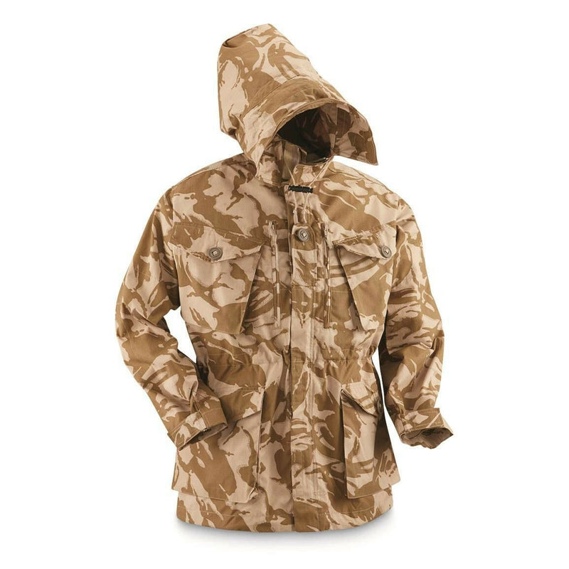 British military desert camo parka jacket with hood, windproof, adjustable waist, and multiple storage pockets.