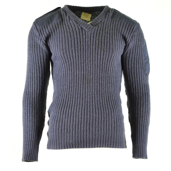 Original British Army Commando Wool Jumper in blue-grey with reinforced shoulder and elbow patches, V-neck design.