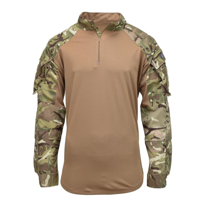 Origineel Brits militair onderlichaamsshirt met MTP-camouflagemouwen en lichtbruine torso, ontworpen voor tactisch gebruik.