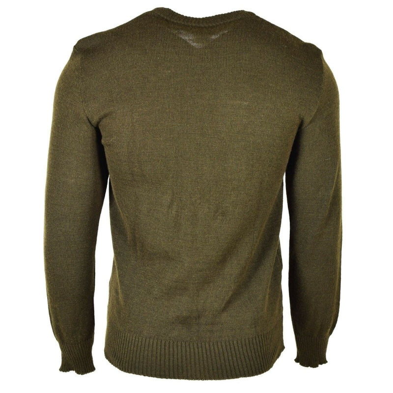 Back view of original Czech army M85 V-neck pullover sweater in brown wool-blend fabric with ribbed cuffs and hem.