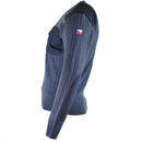 Side view of original Czech army M97 blue wool V-neck sweater with chest pocket and flag patch on sleeve