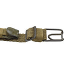Close-up of original Czech Army olive canvas Y-strap with metal buckle and leather reinforcement detail