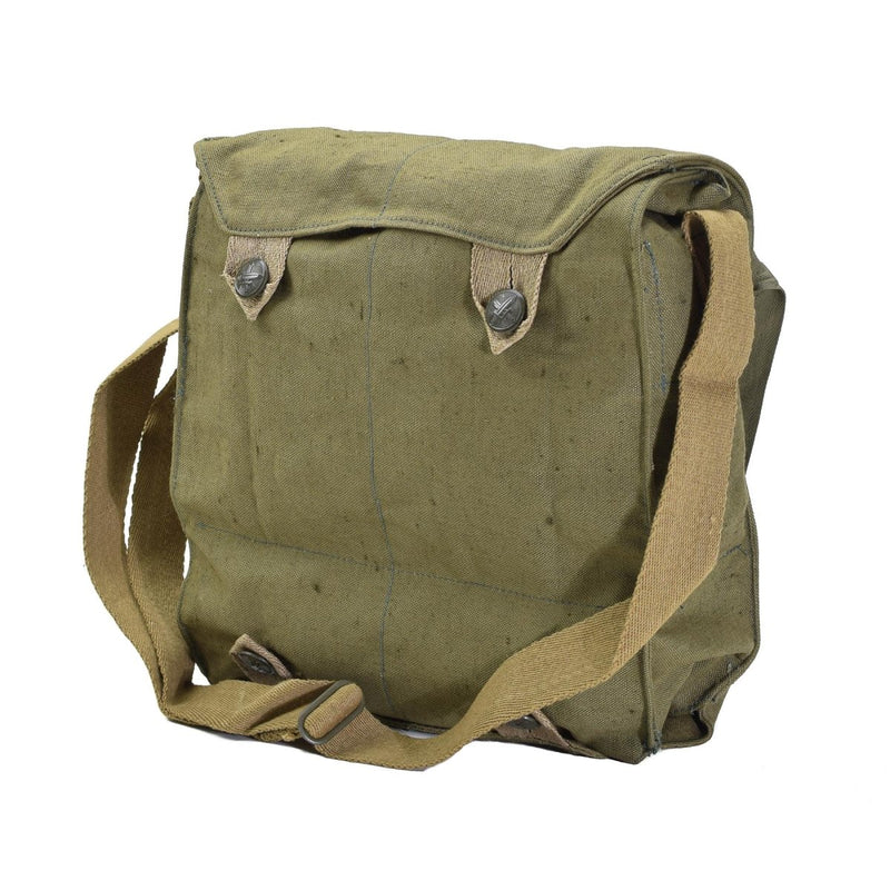 Vintage green Czech military gas mask shoulder bag made of durable canvas with adjustable strap, new surplus condition.