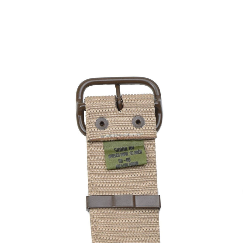 Original Czech military tactical belt in khaki canvas with sturdy brown metal buckle and green label detail.
