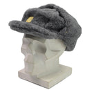 Gray Czech Republic military faux fur winter hat with earflaps and gold insignia on a mannequin head