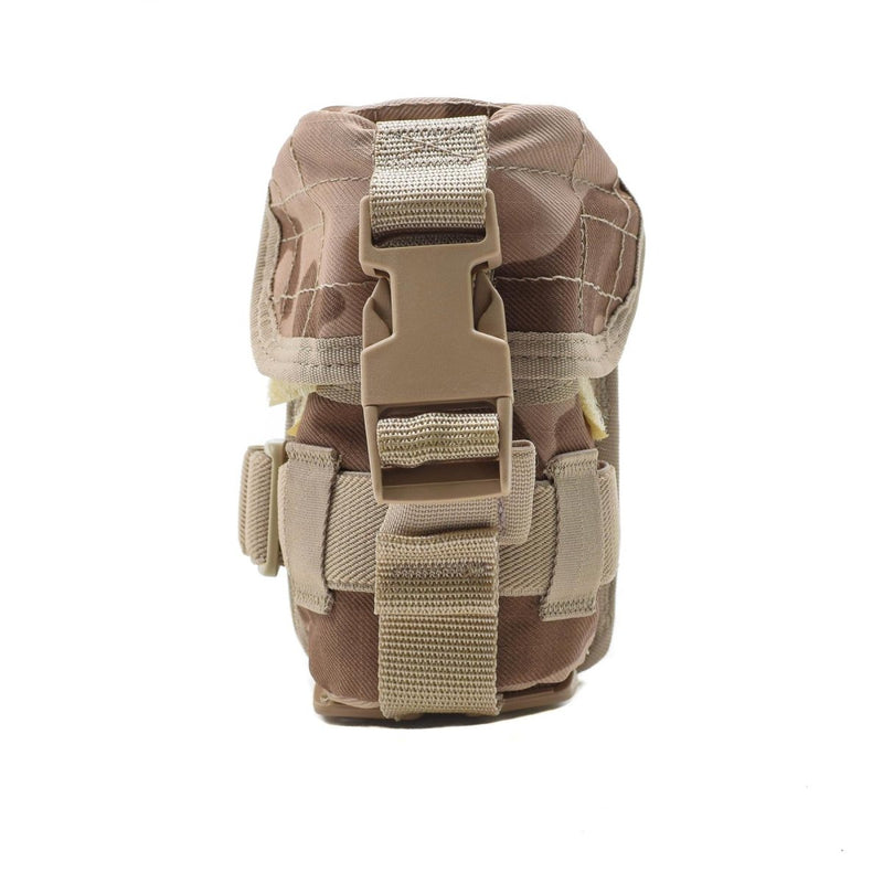Desert camo tactical grenade pouch with MOLLE buckle system for military gear attachment and secure storage.