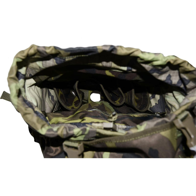 Open top view of original Czech military MOLLE backpack in woodland camo with roomy 30L capacity and inner compartments.