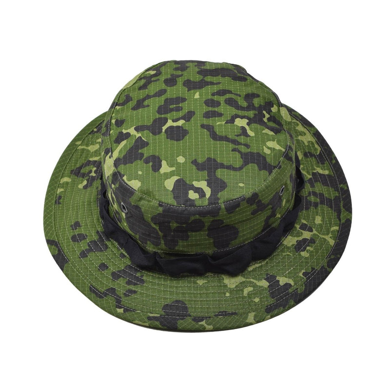 Danish M84 camo bucket hat made of durable ripstop fabric with wide brim for sun protection and outdoor use.