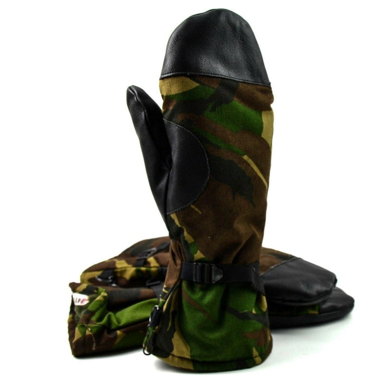 Original Dutch army DPM woodland camo mittens with leather grip, designed for warmth and durability in tactical outdoor use.