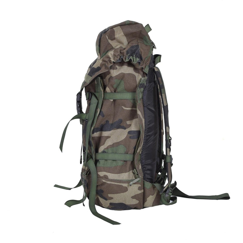Dutch military woodland camouflage daypack backpack with padded straps and 40L capacity for hiking or tactical use.